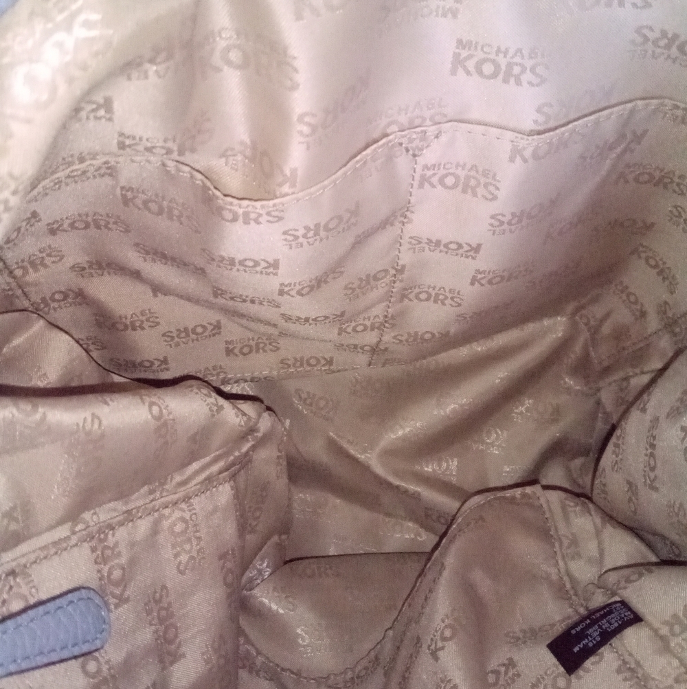 Michael Kors Riley Powder Blue Pebbled Leather Gold Studded Drawstring Backpack - Picture 10 of 12
